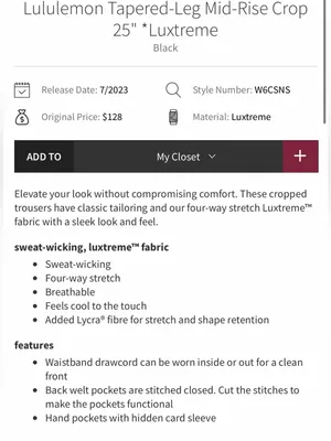 Lululemon Tapered Mid Rise Crop * Luxtreme 25” Sz 8 thumbnail 6