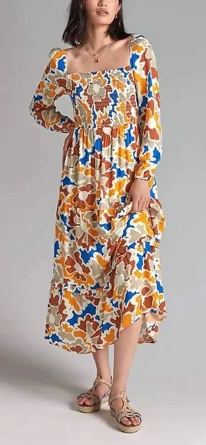 Anthropologie x Dolan Left Coast Womens M Smocked Midi Dress Multicolor Abstract thumbnail 1