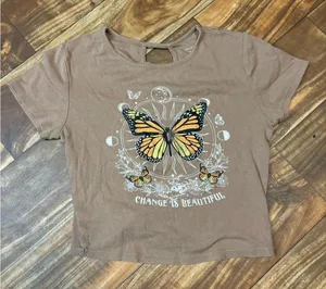 Brown Butterfly Graphic Crop Top thumbnail 1
