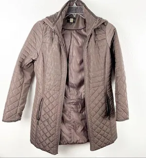 GALLERY Brown Quilted Puffer Faux Fur Zip Hoodie Zipper Lined Coat, Size. Medium thumbnail 1