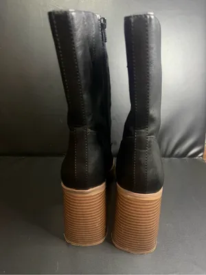 Black Faux Leather Mid-Calf Boots with Stacked Block Heel thumbnail 4