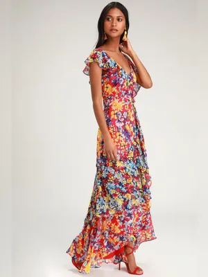 Lulu’s Radiant Rudy Red Floral Print Chiffon Maxi Dress Medium NWT thumbnail 3