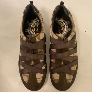 Coach Harmonie Signature Monogram Logo Sneakers Shoes Y2K Brown Tan Straps 6.5 thumbnail 2