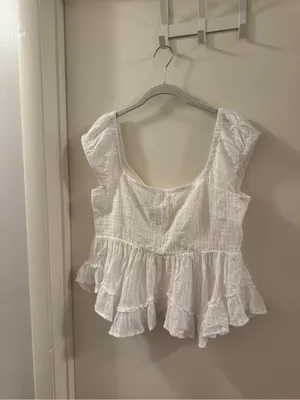 American Eagle Outfitters White Button-Front Ruffle Peplum Top thumbnail 5