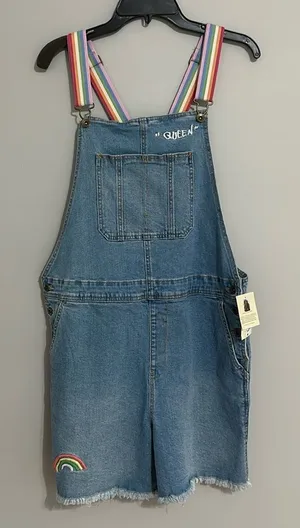 Take Pride Rainbow QUEEN Denim Bib Short Overall's Sz. Large NEW thumbnail 1