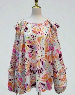Oddy Shirt Sz 2X Colorful Ruffle‎ Puff Sleeve Blouse Pink Whimsical Relaxed Boho thumbnail 1