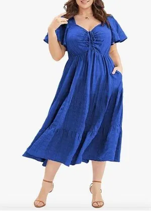 NEW Short Sleeve Sweetheart Neck Ruffle Tiered Midi Dress 3X thumbnail 1