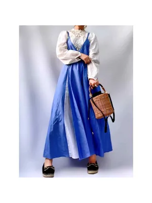 Zara Blue-and-White Panel Spaghetti-Strap Midi Dress thumbnail 6