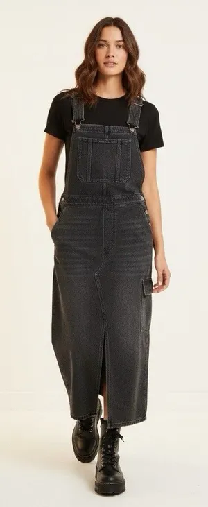 American Eagle Denim Bib Overall Maxi Dress Large Black Utility Cargo Pocket 90s thumbnail 1