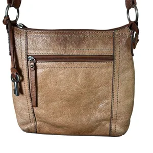 VTG FOSSIL Genuine Leather Brown Crossbody Bag Tan Satchel Zip-Top Key Charm Y2K thumbnail 4