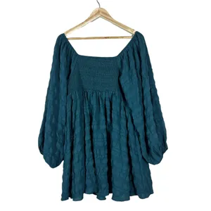 VICI Smocked Textured Babydoll Balloon Sleeve Tunic Top Teal Boho Size Medium thumbnail 4