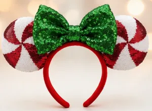 Disney Red Sequin Ears Headband with Green Bow and White & Red Peppermint Ears thumbnail 1