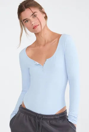 Aerie Ribbed Long Sleeve Bodysuit in Light Blue Size XS thumbnail 1