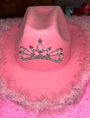 Handmade Fluffy Pink Crown Cowboy Hat thumbnail 1