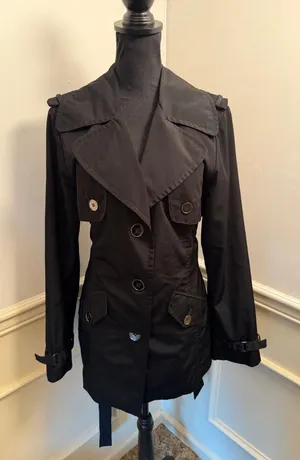 Weather Tamer Black Button-Front Trench Coat Jacket w Tie Waist Silver Utility thumbnail 1