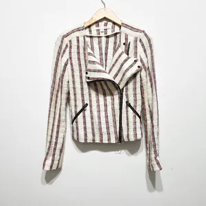 Veronica Beard Mara Stripe Tweed Boucle Woven Cotton Linen Moto Jacket 4 thumbnail 1