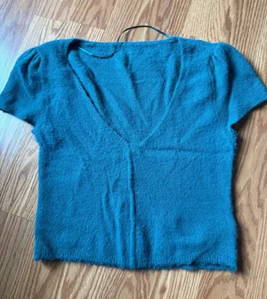 Textured Teal V-Neck Short Sleeve Sweater Crop Top thumbnail 1