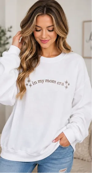 Gildan White “In My Mom Era” Embroidered Crewneck Sweatshirt Large NWT thumbnail 1