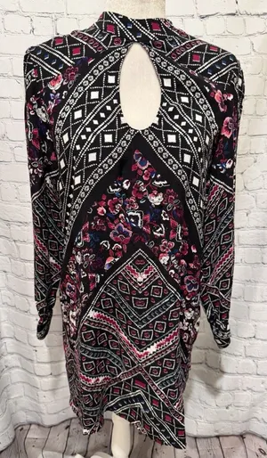 EXPRESS Rayon Long Sleeve Dress Keyhole Front Back Floral Black Purple Pink L thumbnail 1
