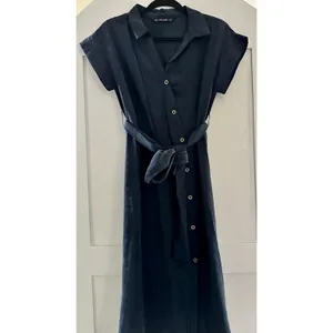 ZARA Basic Navy Blue Shirt Dress Midi Button Front Belted Womens XS thumbnail 2