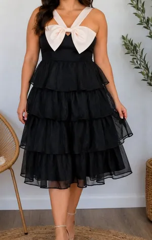 NEW Lulus Black Glamour Organza Tiered Cream Oversized Bow Midi Cocktail Dress thumbnail 1