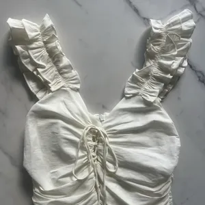 Zara Ruffle Strap Ruched Linen Blend Dress Off White Cream Medium Coastal thumbnail 6