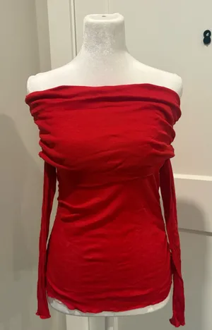 Zara Red Off Shoulder Ruched Mesh Long Sleeve Top Sheer Fitted NWT Small thumbnail 1