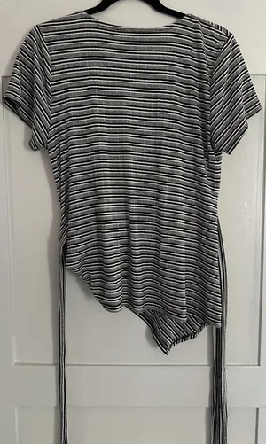 7 For All Seven Mankind Wrap Top Women L Black White Stripe Pima Cotton Tie thumbnail 5