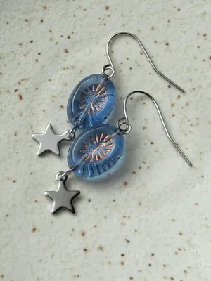 Handmade retro vintage cute whimsical style quality Czech glass beads unique dangle earrings🩵 thumbnail 5