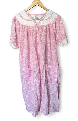House Dress Pink Gingham Daisy Snap Front Quilted Yoke Floral Cottagecore XL thumbnail 1