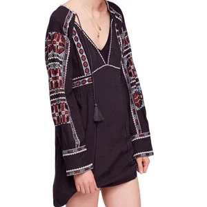 Free People All My Life Embroidered Mini Tunic Black Dress V Neck‎ Size M Boho thumbnail 8