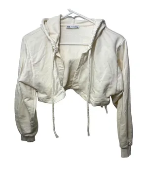 Zara Cropped Hoodie White Sweatshirt Shrug Medium Cotton Festival Minimalist thumbnail 1