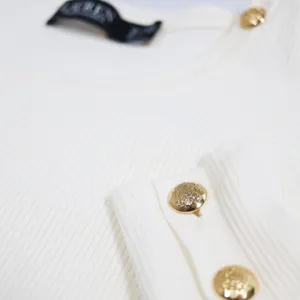 Lauren Ralph Lauren Pullover Women 1X Cream Ribbed Puff Sleeve Gold Button Top thumbnail 4