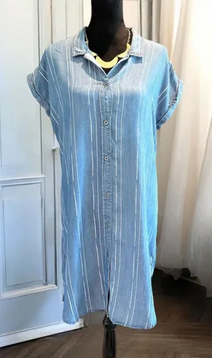 Oso Casuals‎ dress Short sleeve M Blue White Striped Button Front Pleated Back thumbnail 1
