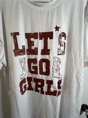 Women’s Size XL T-Shirt White Brown Let’s Go Girls Cowboy Boots Short Sleeve thumbnail 5