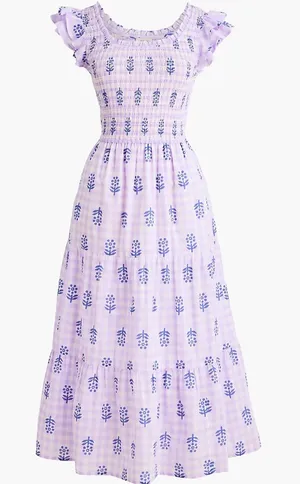 J.Crew Tall Ruffle Sleeve Smocked Midi Dress Printed Cotton A Line Large NWT thumbnail 1