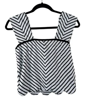 Maeve Anthropologie Black White Striped Scalloped Crop Blouse Womens S Summer thumbnail 1