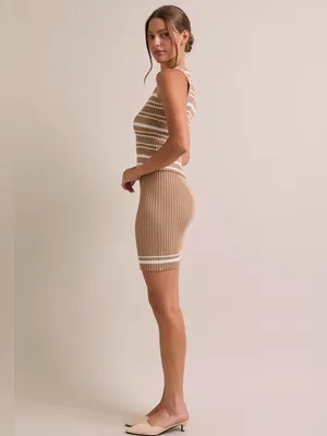 Boutique Ribbed Knit Two Piece Skirt Set Neutral Beige White Medium thumbnail 4