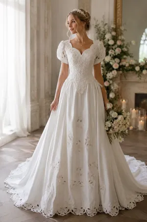 Merry Max Vintage Wedding Gown Size 10 White Pearl Beaded Lace Cathedral Train thumbnail 1