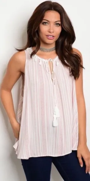 Off White & Mauve Striped Pattern Top Tunic Pink thumbnail 1