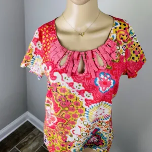 J. Crew Boho Printed Blouse Size 6 Multicolor Cotton Ramie Pleated‎ Keyhole Neck thumbnail 3