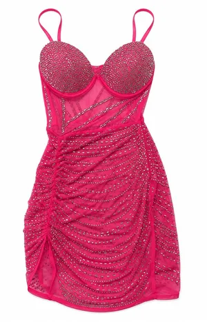 Hot Pink Embellished Mesh Bodycon Dress thumbnail 1