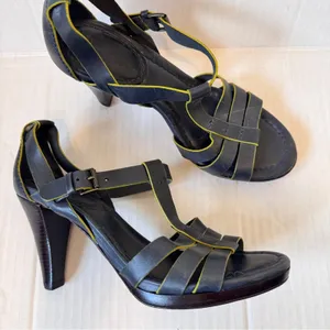 Boden Blue Leather Strappy Heels Women’s 7.5 Peep Toe Lime Green Trim Fall thumbnail 11