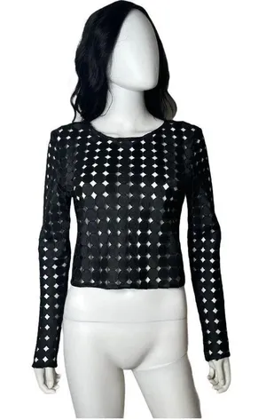 ALEXIS Black Geometric Circle Cut Out Crop Top Size L Avant Garde See Through thumbnail 1