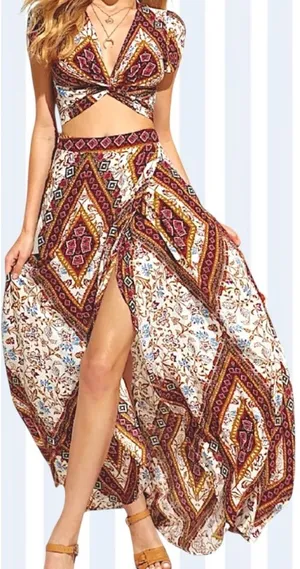 Boho Maxi Dress Boutique Crop Top & Maxi Skirt Set Viscose nwt thumbnail 1