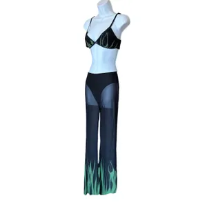 Superdown Black Sheer Flare Pant Set MEDIUM Crop Top Wicked Cochella $88 NEW thumbnail 7