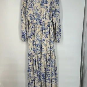 Blue Floral Long Sleeve Tiered Maxi Dress Cream/Blue XS thumbnail 4