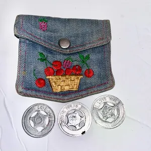 Vintage denim cherry basket coin purse • button pouch • with lucky coins thumbnail 2