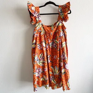 Anthropologie Kourt Aria Linen Tropical Short Dress Pockets Fruit Bird Medium thumbnail 2