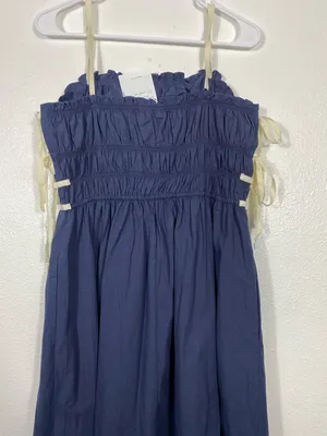 Navy Midi Dress with White Trim and Spaghetti Straps Size L 100% Cotton thumbnail 7
